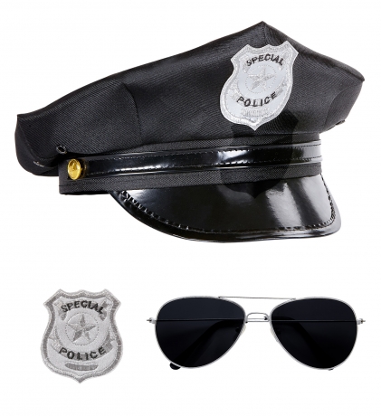 Polizei Set 3 teilig Polizeimütze Pilotenbrille und Polizeiabzeichen