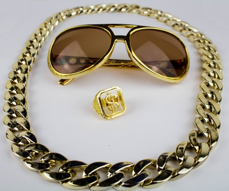 Proll Lude Macho Proleth Angeber Hip Hop Rapper Set Brille + Ring + Kette