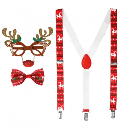 Rudolph Rentier Elch Set 3 teilig Hosenträger,Brille,Weihnachtsfliege