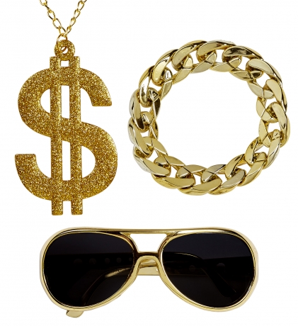 Rapper Hustler Hiphop Schmuck-Set Dollarkette Prollbrille Armband