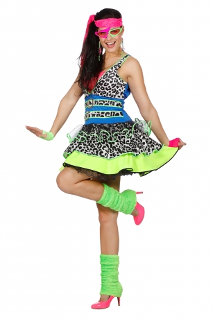 80er Jahre Kleid Neonfarben mit Netzhandschuhe Mottoparty