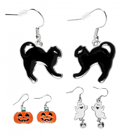 3x Ohrringe Halloween Schmuck Verkleidung Kürbis Katze und Gespenst