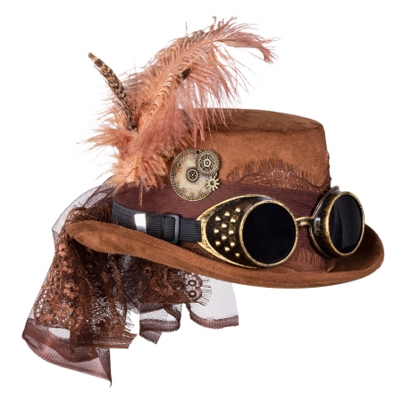 Steampunkhut Steampunkzylinder braun mit Feder und Edel Brille Punk