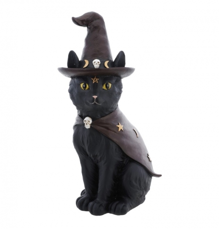 Schwarze Katze mit Hut und Cape Halloween Hexen Dekoration ca.16cm X 12cm X 31cm