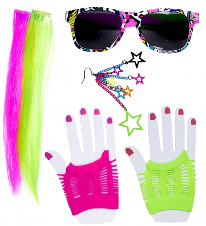 80er Jahre Neon Festival Hair Extensions Partybrille Netzhandschuhe