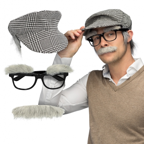 Opa Großvater alter Mann Mütze mit Haaren,Brille mit Augenbrauen und Schnurrbart