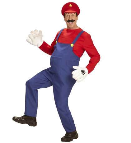 Superklempner Handwerker Latzhose blau rote Schirmmütze