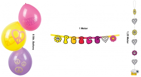 70er Jahre Deko Set Ballons Girlande Wimpelkette Hängedekoration Peace
