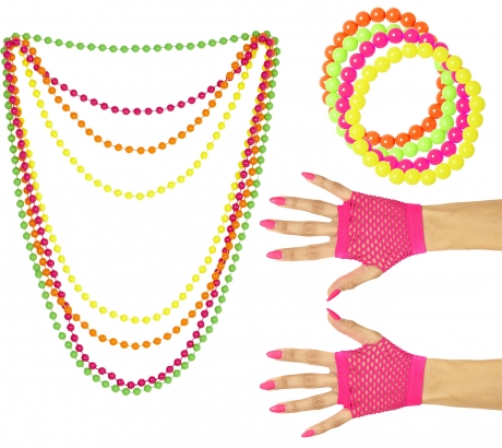 80er Jahre Set Damen Neon 4 Perlenketten Handschuhe kurz 4 Perlenarmbänder
