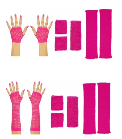 80er Jahre Set Damen Neon pink Beinstulpen Handschuhe Schweiß und Stirnband lang