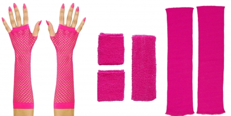 80er Jahre Set Damen Neon pink Beinstulpen Handschuhe Schweiß und Stirnband