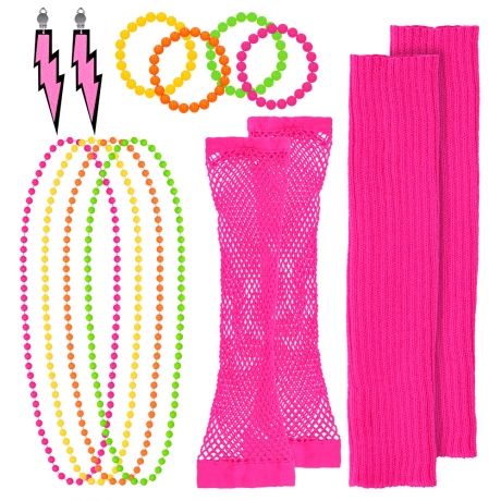 80er Jahre neon Set Stulpen Netz-Handschuhe Kette Ohringe Flashpink bunt