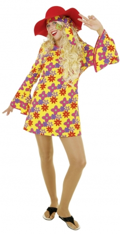 Hippie 70er Jahre Flippy Kleid mit Schlapphut Karneval