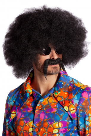 Afroperücke mit Schnautzbart Afro 70er Jahre schwarze Lockenperücke Unisex