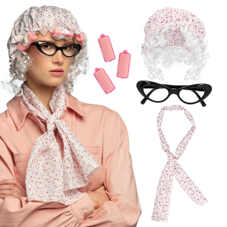 Großmutter Kostüm-Set Schlafhaube Oma Lockenwickler alte Frau