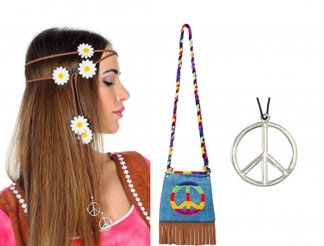 Hippie Set - Stirnband Tasche Peacezeichen Flower Power 70er Jahre