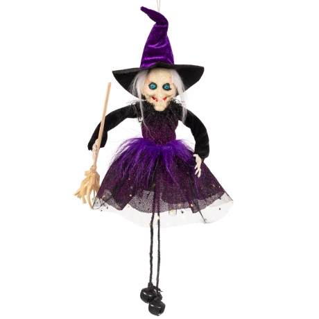 Kleine Hexe lila mit Hexenbesen Dekoration Halloween Halloweenfigur
