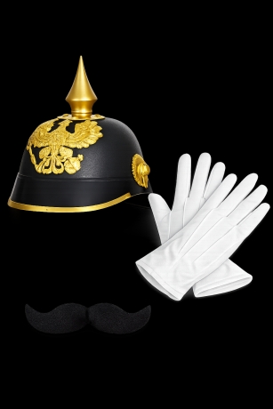 Pickelhaube Kostüm Set – Preußen Soldatenhelm mit Spitze, Schnurrbart & weißen Handschuhen – Militär Soldat