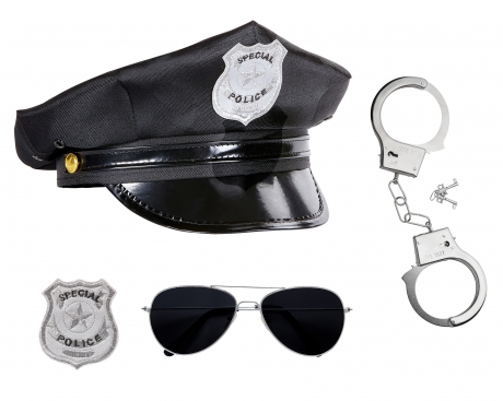 Polizei Set 4 teilig Polizeimütze Handschellen Brille und Dienstmarke