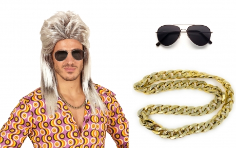 Set - Vokuhila Perücke 80er Jahre Prollbrille dicke goldene Prollkette