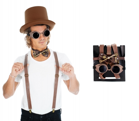 Set 3 teilig Steampunk Brille Hosenträger und Fliege im Sparset