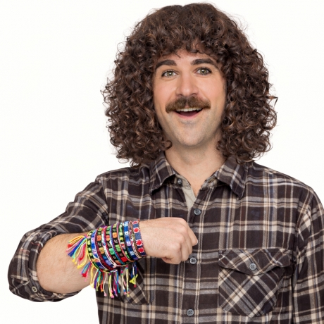 Wolle 90er Schlager Set Locken Perücke mit Schnurrbart & 12 Freundschaftsbänder Wolfgang