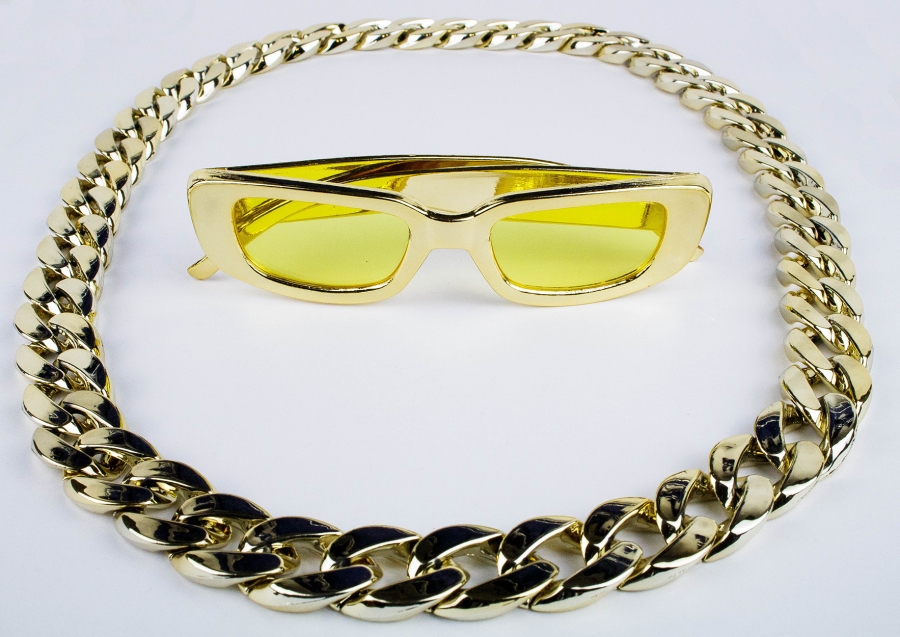 80er Jahre Rapper Kostüm-Set mit Goldkette Armband Sonnenbrille Proll Zuhälter 