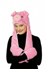 Schwein Ferkel Rosa Schweinchen Plüschmütze und Handwärmer