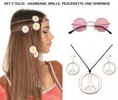 Hippieset Mit Blumenhaarband rosa Nickelbrille Peacekette und Ohrringen Sparset