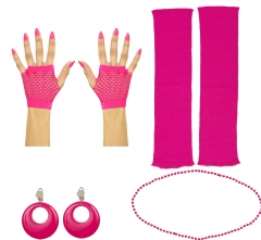 80er Jahre Set Damen Neon pink Beinstulpen Handschuhe Halskette Ohringe Party