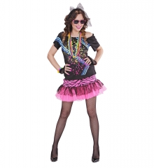 80er Jahre Kleidung Partygirl Set + Netzstrumpfhose + Neonperlenkette