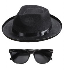 3er Set Mafia Ganoven Out-Fit Gangsterhut , Brille, schwarzer Krawatte