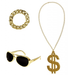 Rapper Hustler Hiphop Schmuck-Set Dollarkette Prollbrille Armband