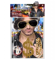 Rapper Hustler Hiphop Schmuck-Set Dollarkette Prollbrille Armband