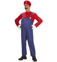 Superklempner Handwerker Latzhose blau rote Schirmmütze