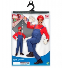 Superklempner Handwerker Latzhose blau rote Schirmmütze