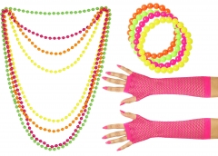 80er Jahre Set Damen Neon 4 Perlenketten Handschuhe lang 4 Perlenarmbänder