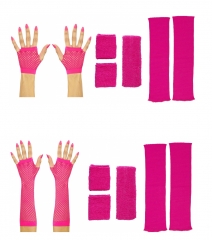 80er Jahre Set Damen Neon pink Beinstulpen Handschuhe Schweiß und Stirnband kurz