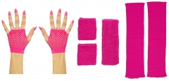 80er Jahre Set Damen Neon pink Beinstulpen Handschuhe Schweiß und Stirnband kurz