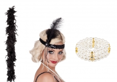 Charleston 20er Set Flapper Stirnband Federboa und Perlen Armband