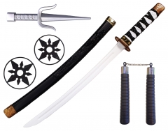 Ninja Ninja-Set Ninja Schwert, 2 Wurfsterne, Nunchucks, Dolch