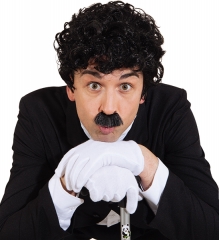 Perücke Charlie mit Schnäutzer Herrenperücke schwarz gelockt