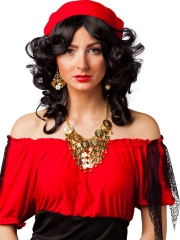 Set 4teilig Perücke Münzkette Ohrringe Zigeunerin Spanierin Flamenco